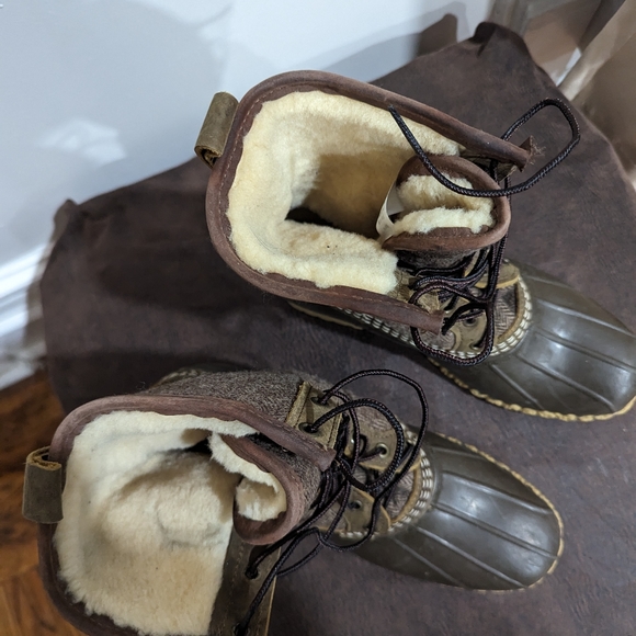 LL Bean 10" Brown Weave Wool Herringbone Shearling Lined Duck Boots 9 M - Picture 7 of 9
